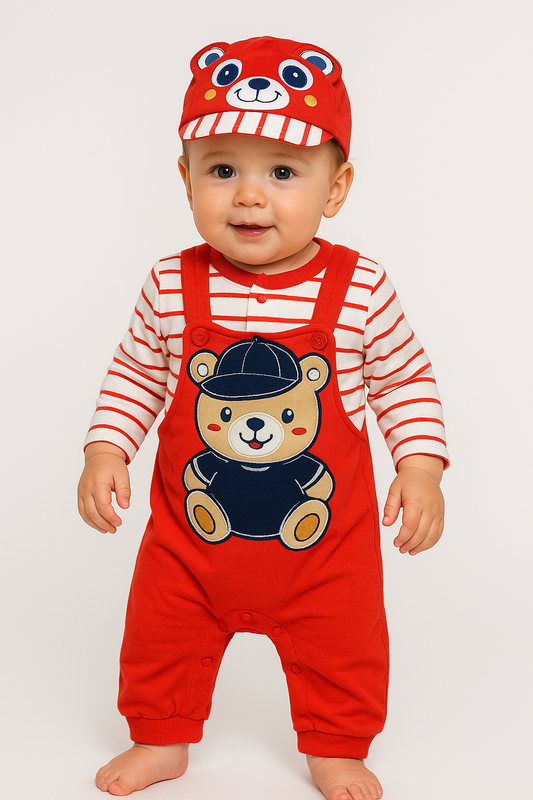 “Teddy Team” 3‑Piece Baby Romper & Cap Set