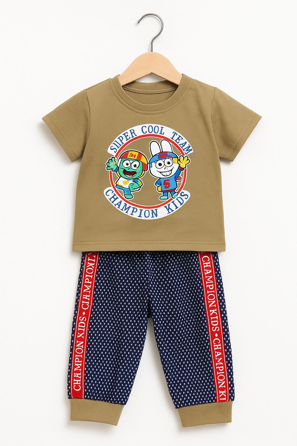 “Super Cool Team” Baby Tee & Polka‑Dot Shorts Set -
