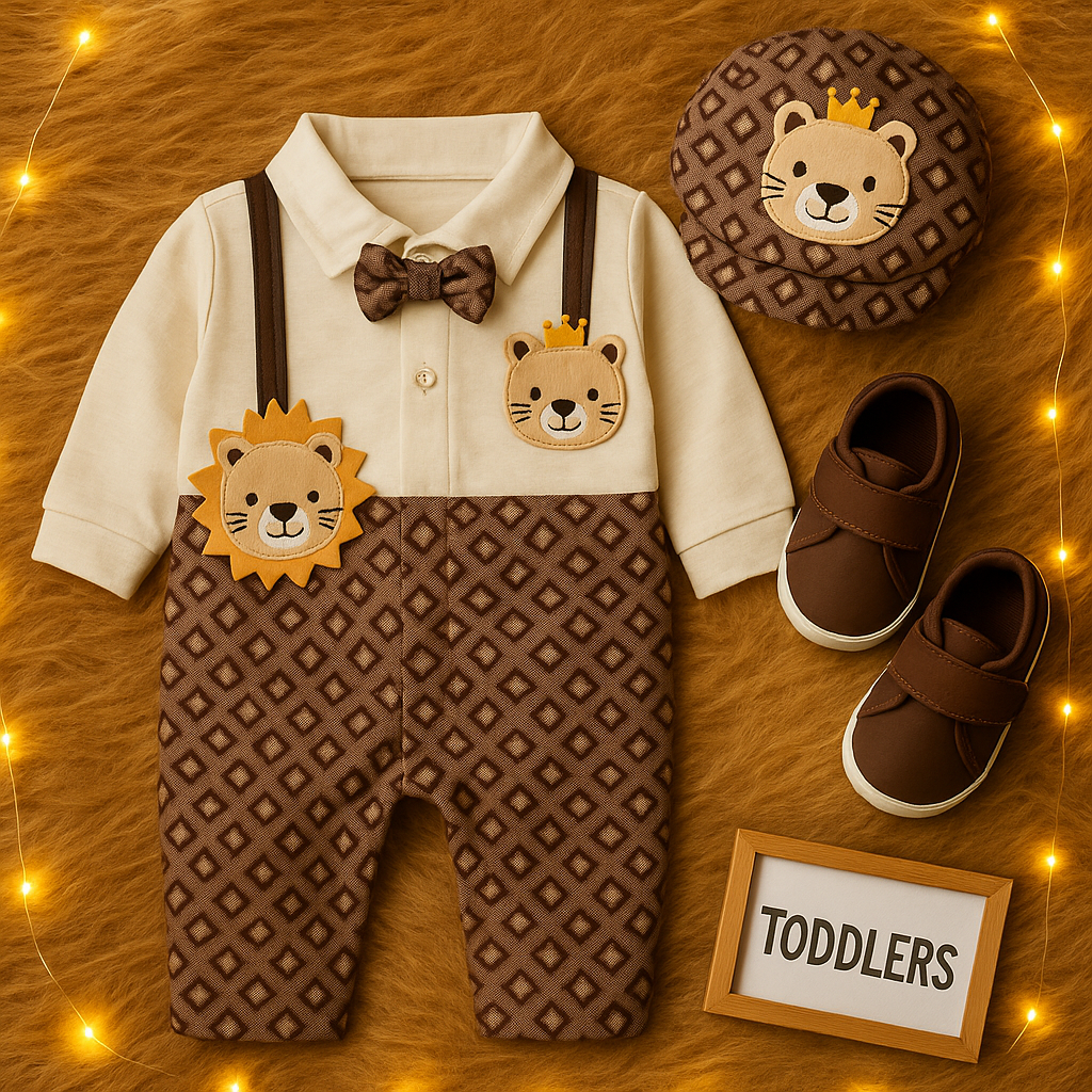 Baby Romper Set with Cap & Shoes-Dark Brown