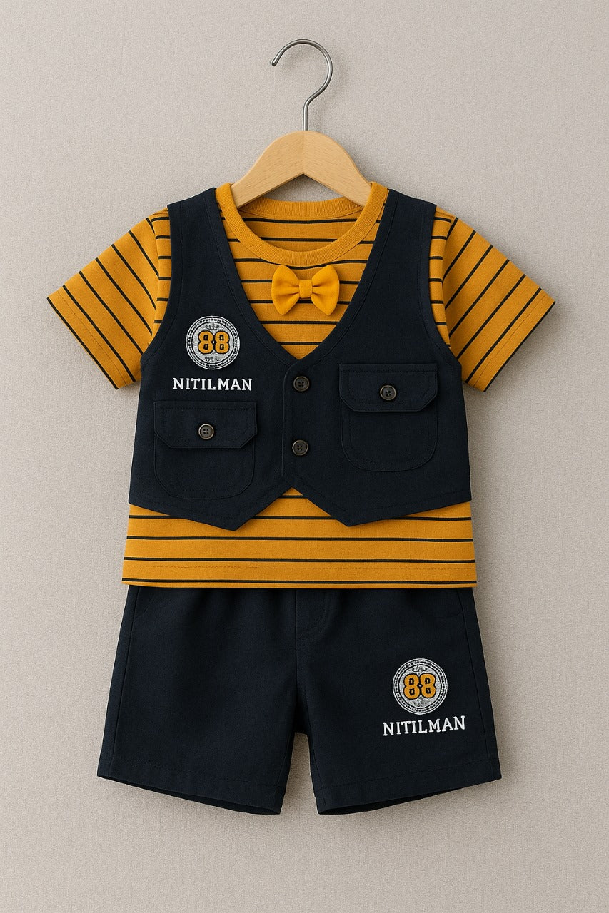 Baby Boy Striped Shirt & Shorts Set with Vest and Bow Tie-Mustard
