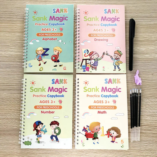 Pack of 4 - Sank Magic Practice Copybook Set – 4 Books + Magic Pen