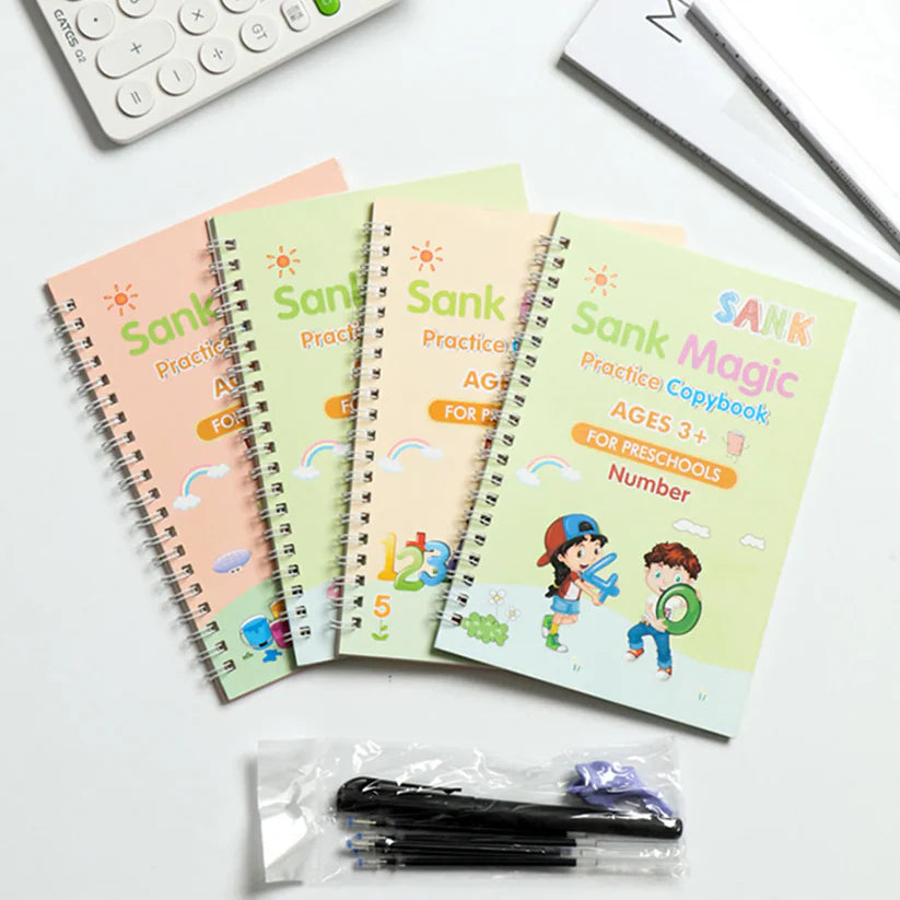 Pack of 4 - Sank Magic Practice Copybook Set – 4 Books + Magic Pen