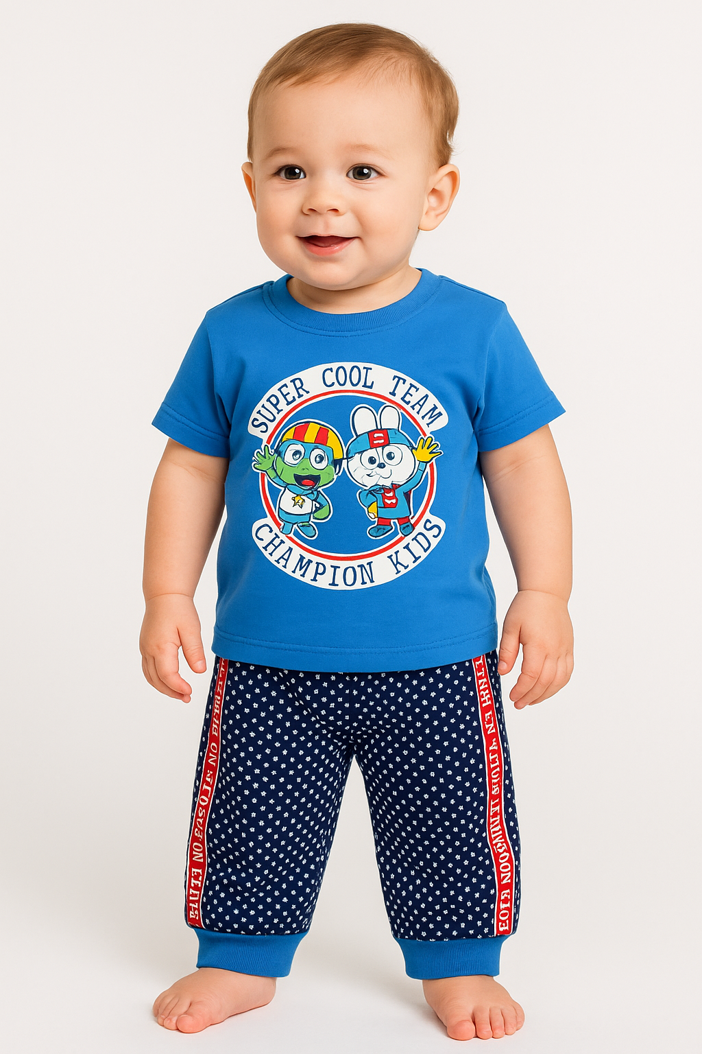 “Super Cool Team” Baby Tee & Polka‑Dot Shorts Set -