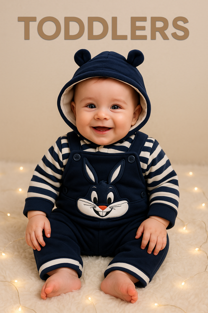 Bunny Fluffy Hoodie Romper Set-Navy Blue