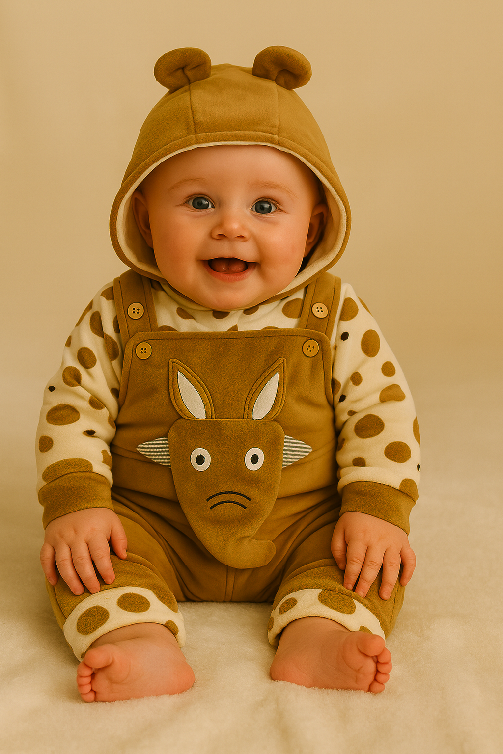 Elephant Fluffy Hoodie Romper Set-Mustard