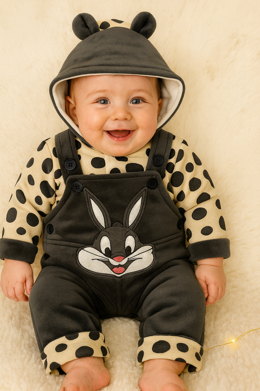 Bunny Fluffy Hoodie Romper Set-Grey