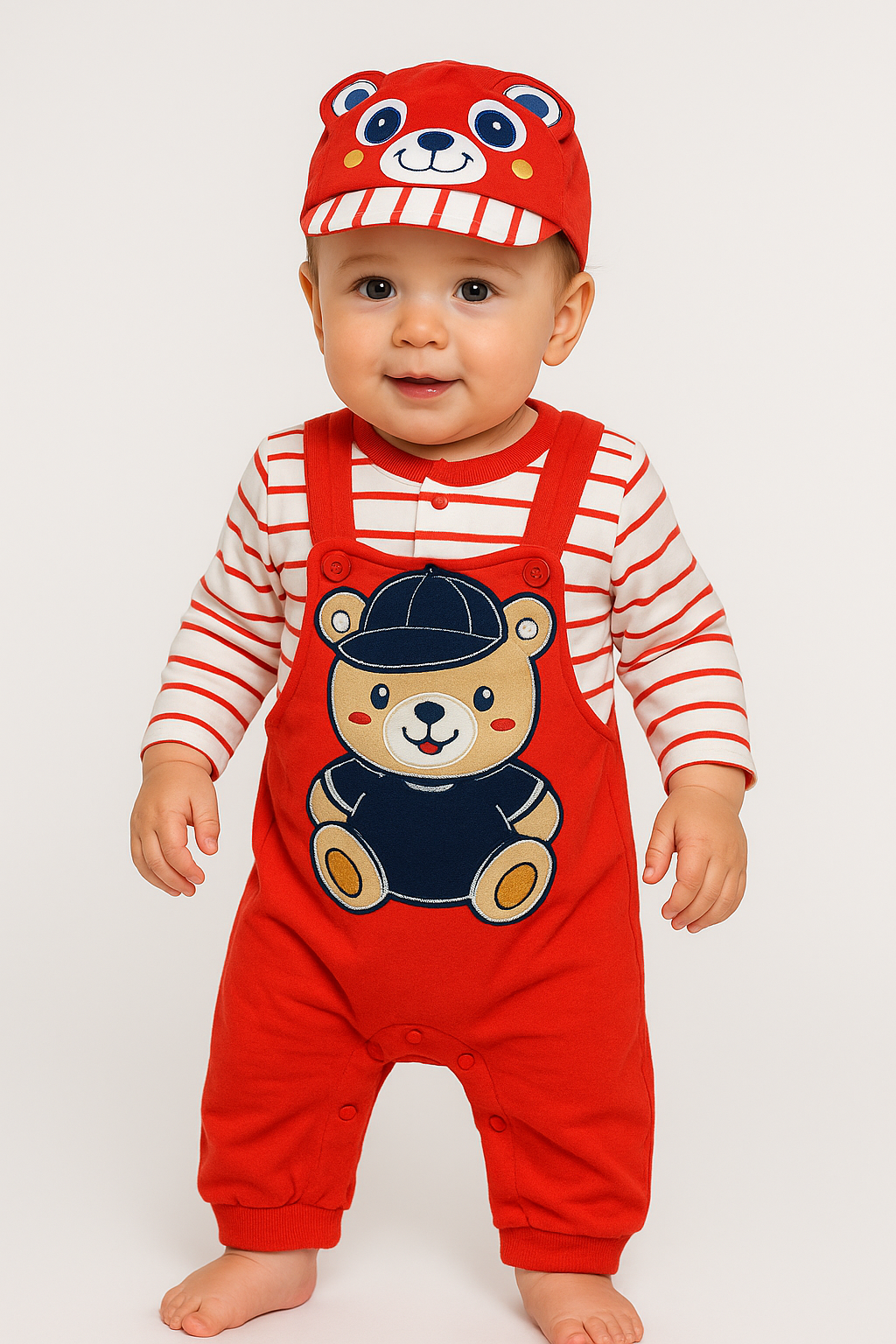 “Teddy Team” 3‑Piece Baby Romper & Cap Set