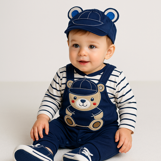 “Teddy Team” 3‑Piece Baby Romper & Cap Set