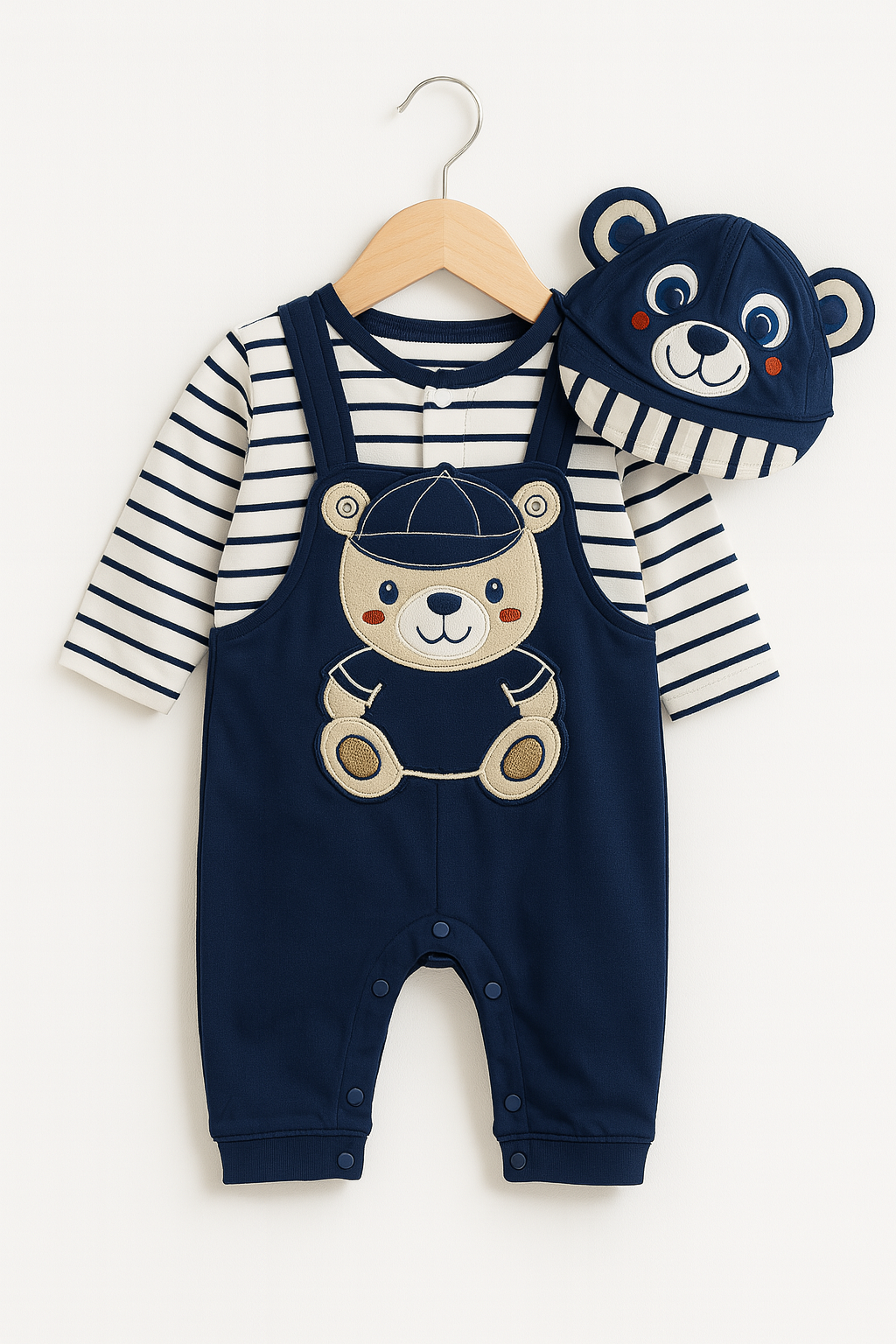 “Teddy Team” 3‑Piece Baby Romper & Cap Set