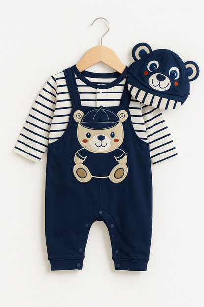 “Teddy Team” 3‑Piece Baby Romper & Cap Set