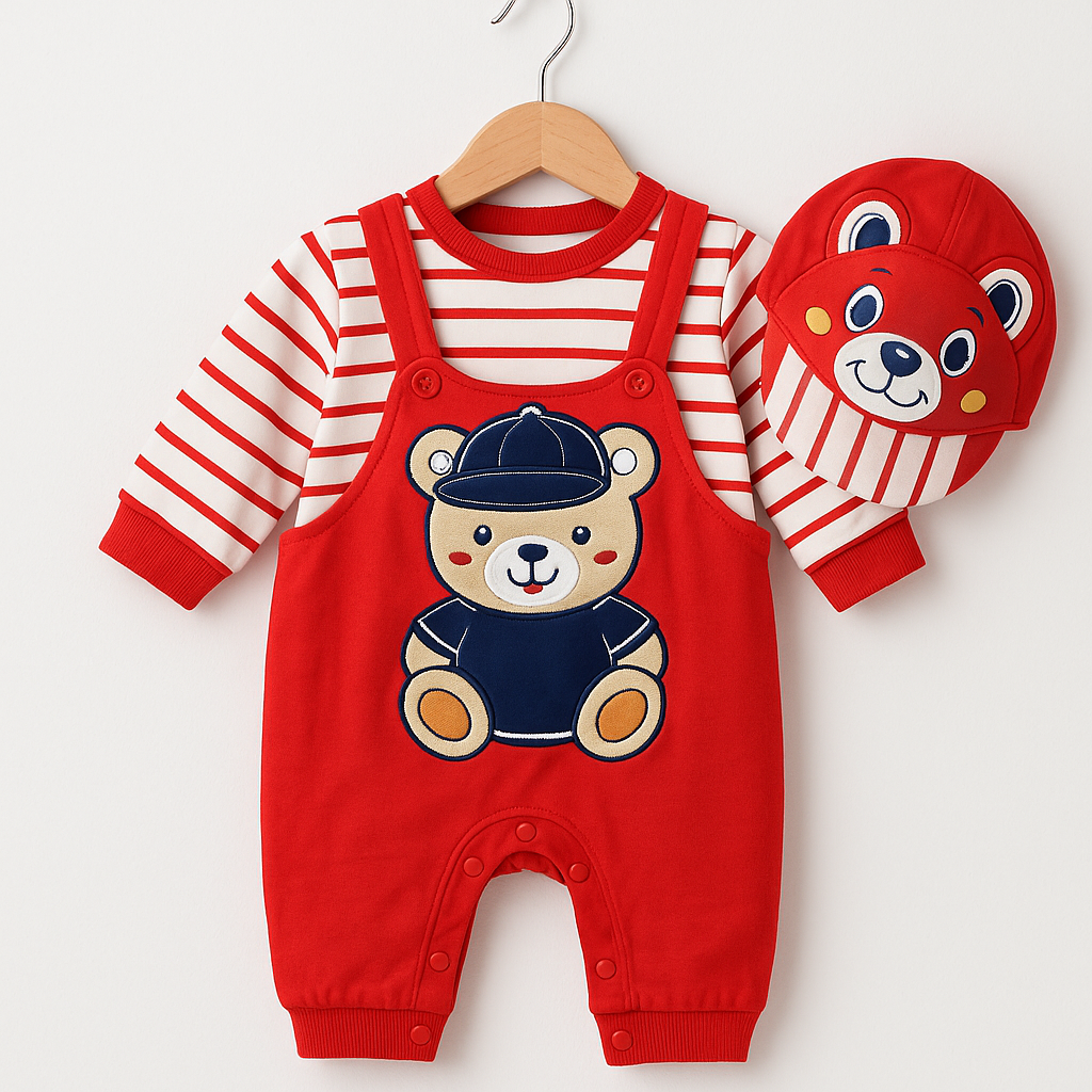 “Teddy Team” 3‑Piece Baby Romper & Cap Set