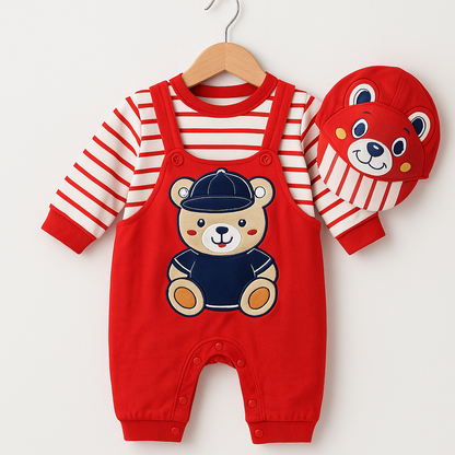 “Teddy Team” 3‑Piece Baby Romper & Cap Set