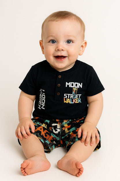 2-Piece Button-Front Tee & Printed Shorts Set