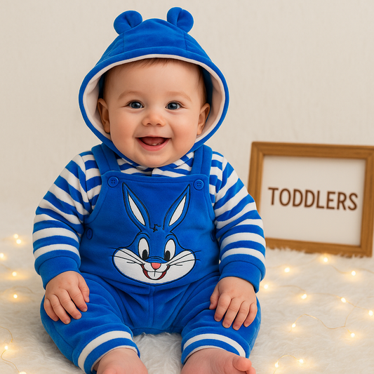 Bunny Fluffy Hoodie Romper Set-Sky