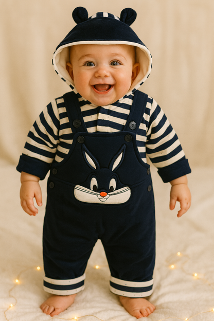 Bunny Fluffy Hoodie Romper Set-Navy Blue