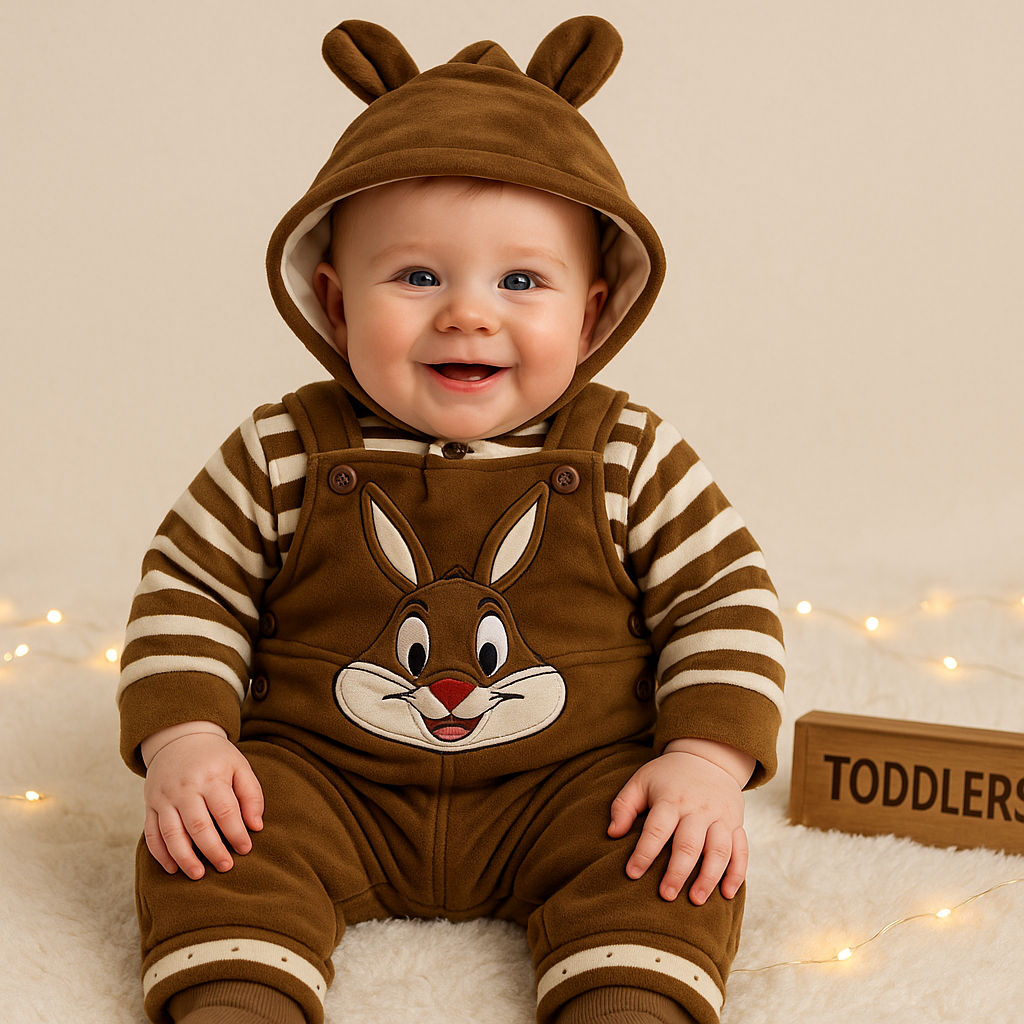 Bunny Fluffy Hoodie Romper Set-Brown