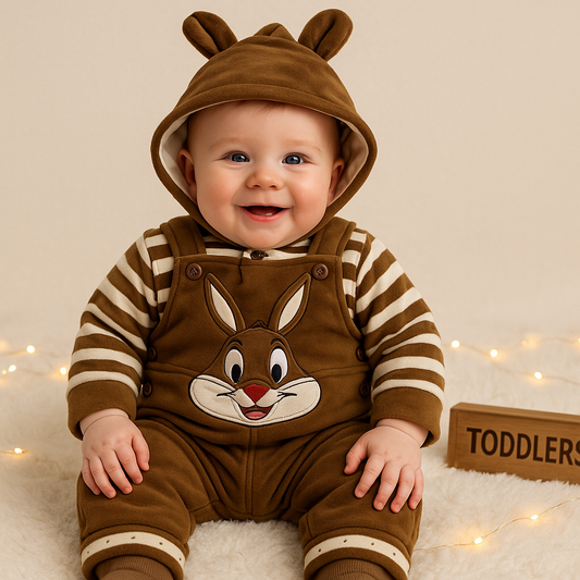 Bunny Fluffy Hoodie Romper Set-Brown