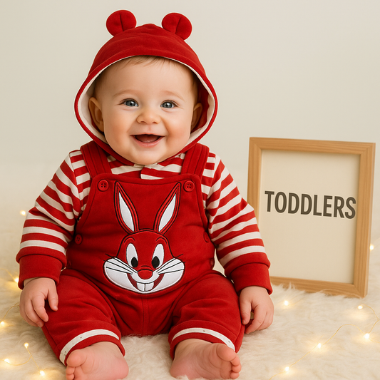 Bunny Fluffy Hoodie Romper Set-Red