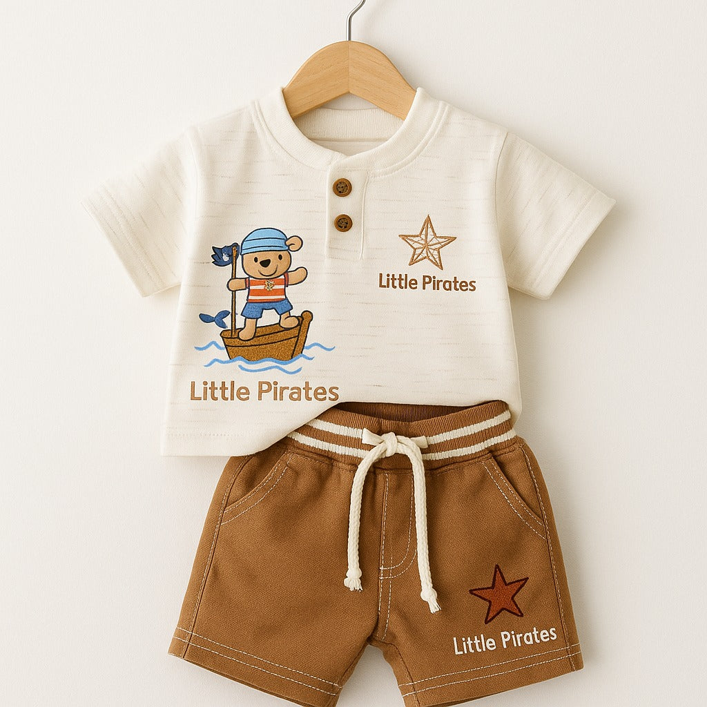Little Pirates 2-Piece Button-Front Tee & Drawstring Shorts Set-Brown