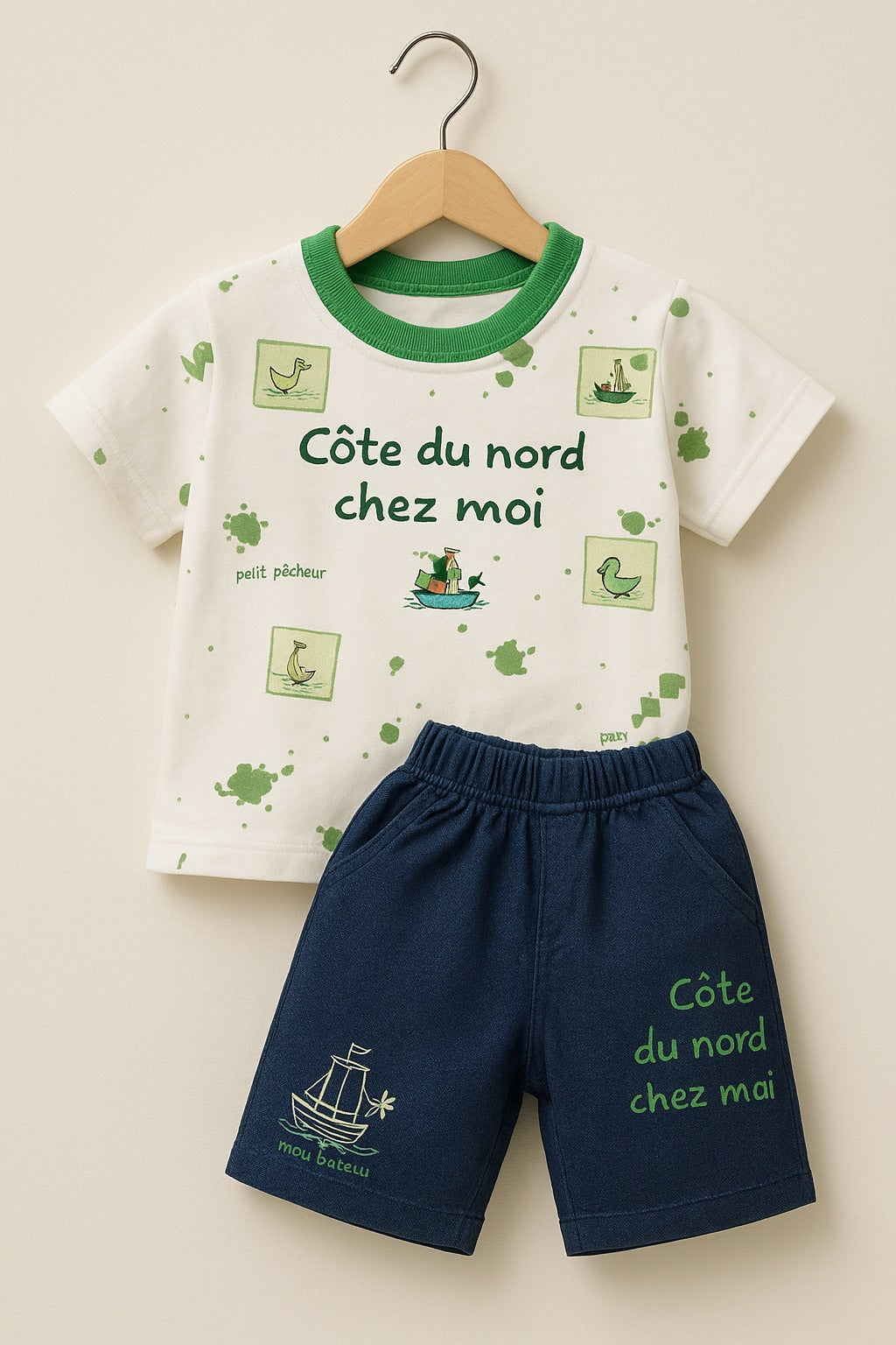 “Côte du Nord chez Moi” 2-Piece Baby Tee & Shorts Set-Green