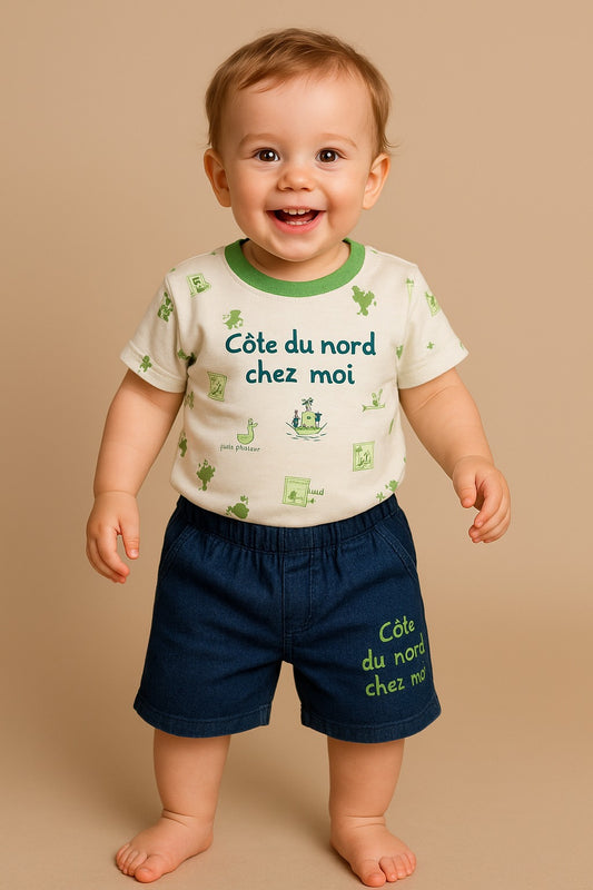 “Côte du Nord chez Moi” 2-Piece Baby Tee & Shorts Set-Green