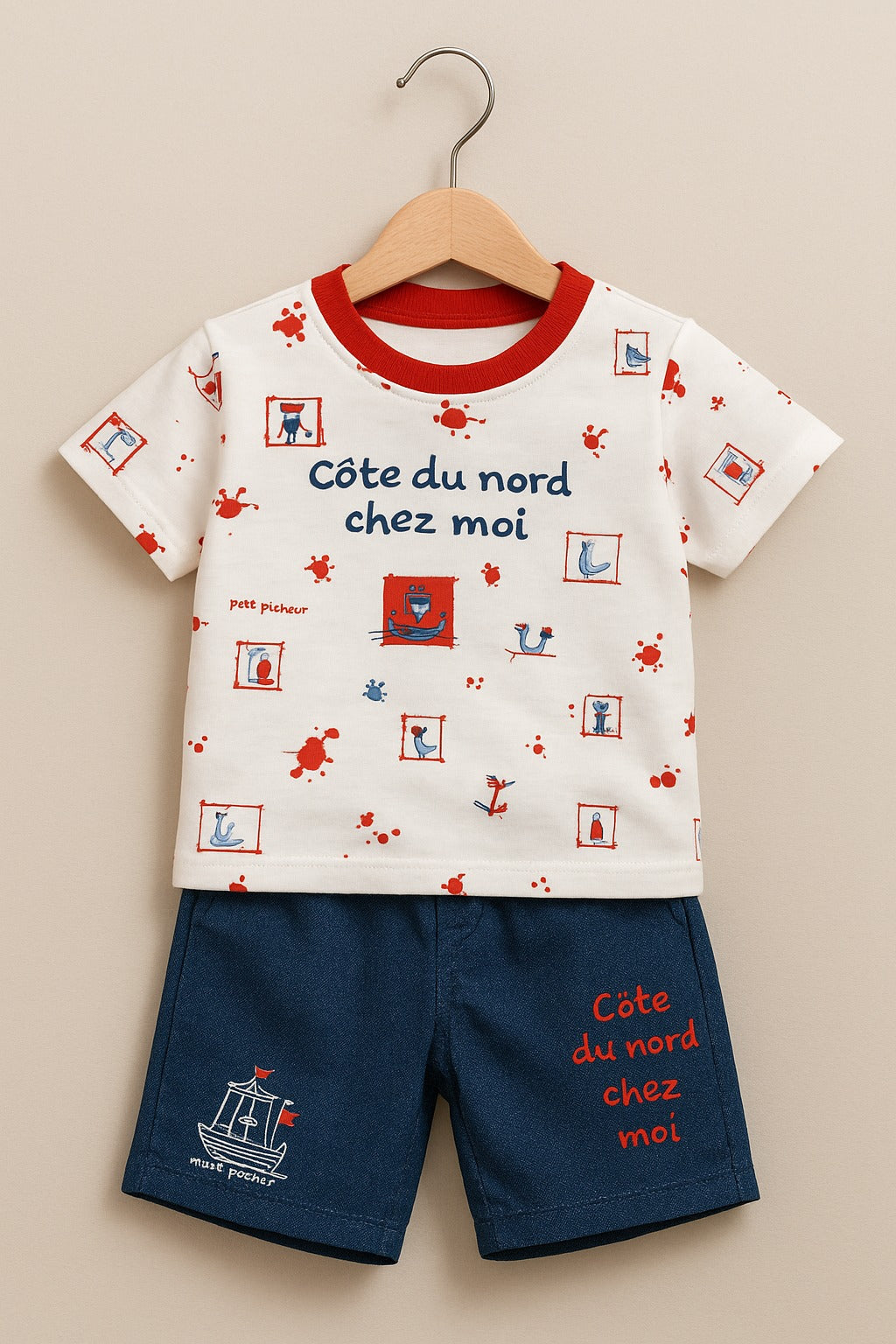 “Côte du Nord chez Moi” 2-Piece Baby Tee & Shorts Set-Red