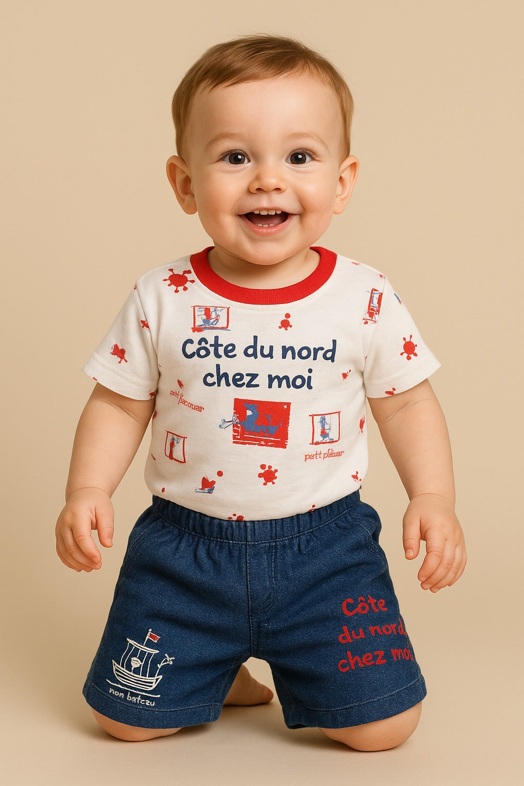 “Côte du Nord chez Moi” 2-Piece Baby Tee & Shorts Set-Red