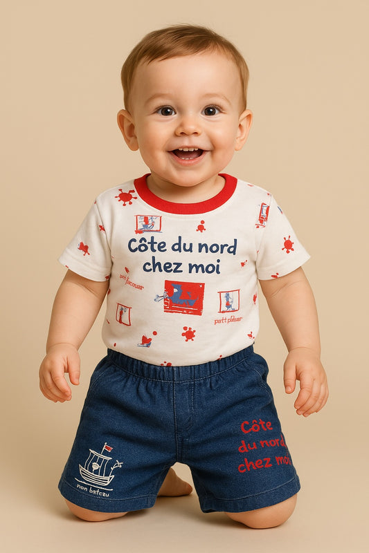 “Côte du Nord chez Moi” 2-Piece Baby Tee & Shorts Set-Red