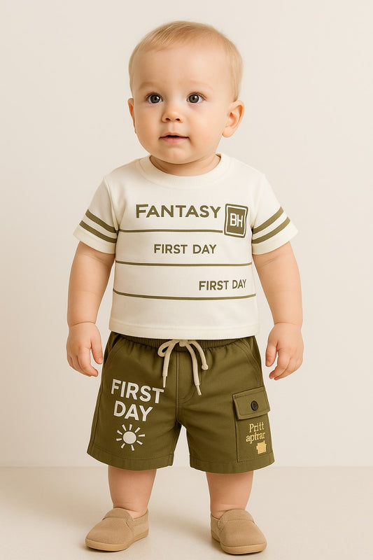 Fantasy “First Day” Adventure Tee & Olive Cargo Shorts Set-Mehndi