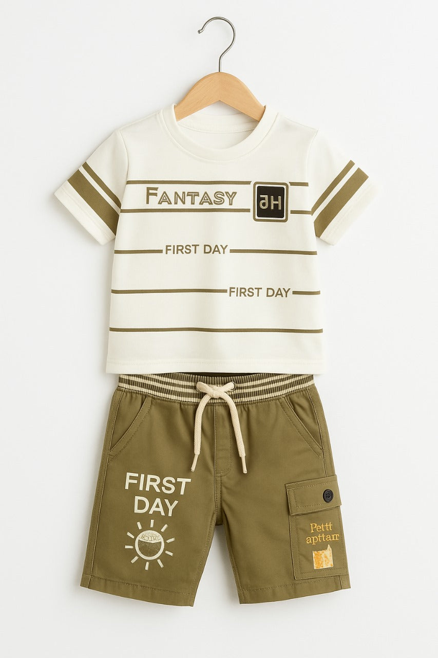 Fantasy “First Day” Adventure Tee & Olive Cargo Shorts Set-Mehndi