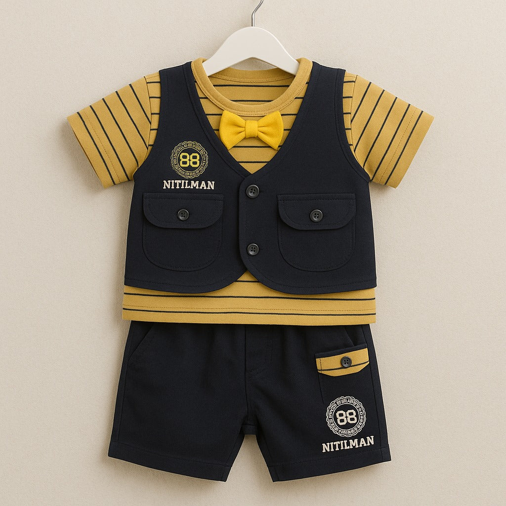 Baby Boy Striped Shirt & Shorts Set with Vest and Bow Tie-lemon