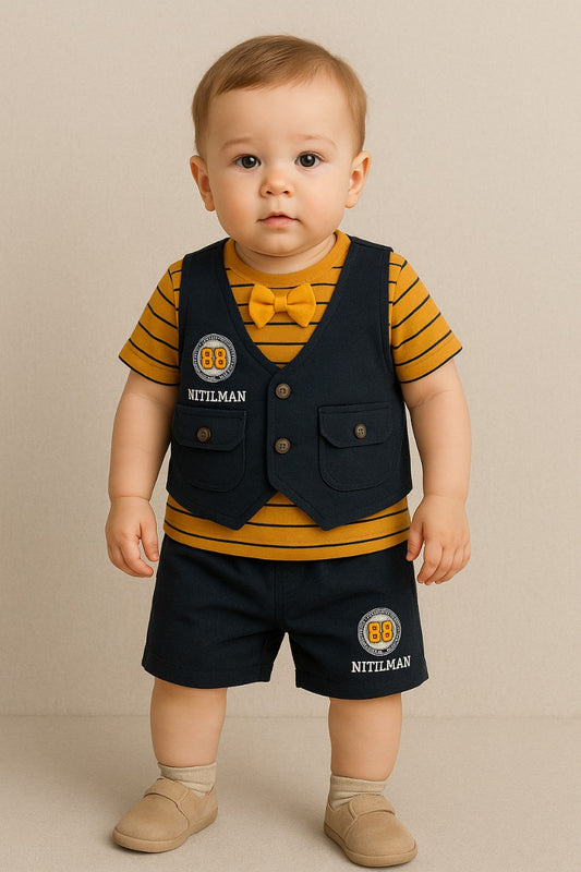 Baby Boy Striped Shirt & Shorts Set with Vest and Bow Tie-Mustard