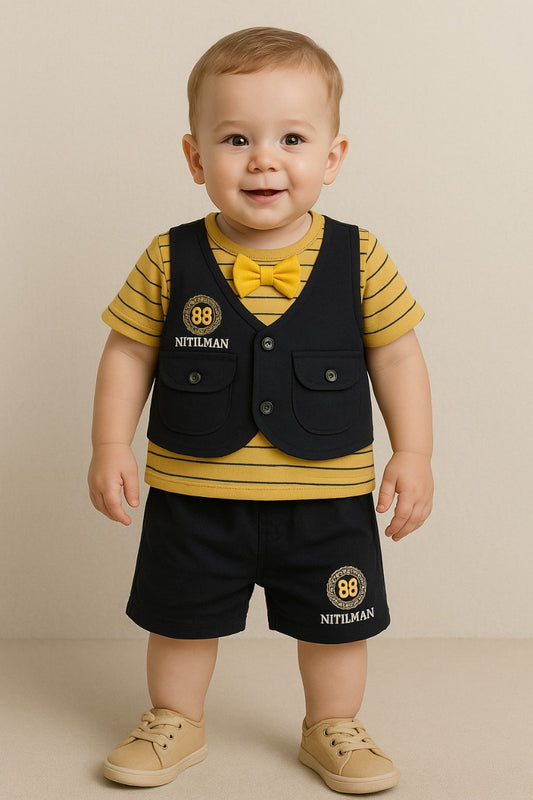 Baby Boy Striped Shirt & Shorts Set with Vest and Bow Tie-lemon