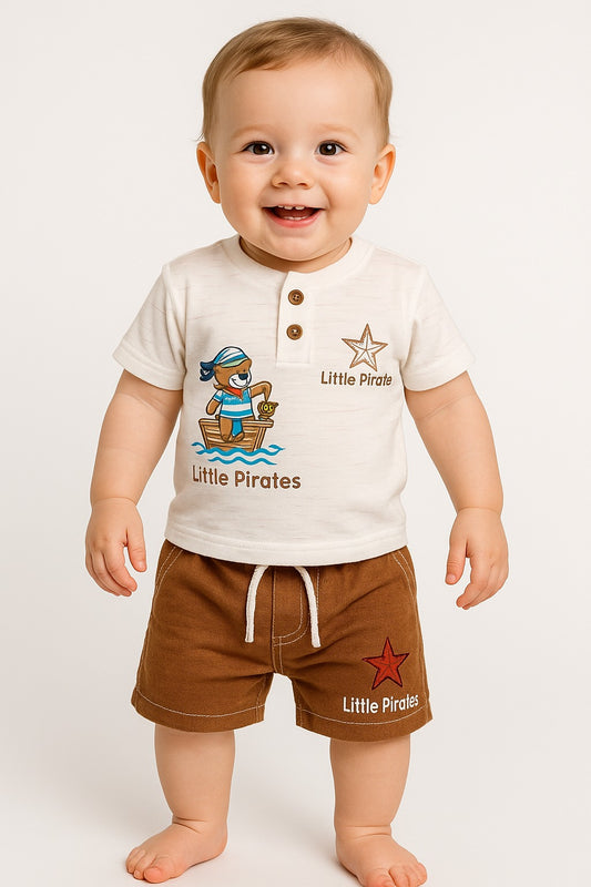Little Pirates 2-Piece Button-Front Tee & Drawstring Shorts Set-Brown
