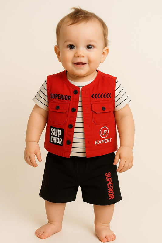 Superior Explorer Red Vest & Striped Tee Set-Red