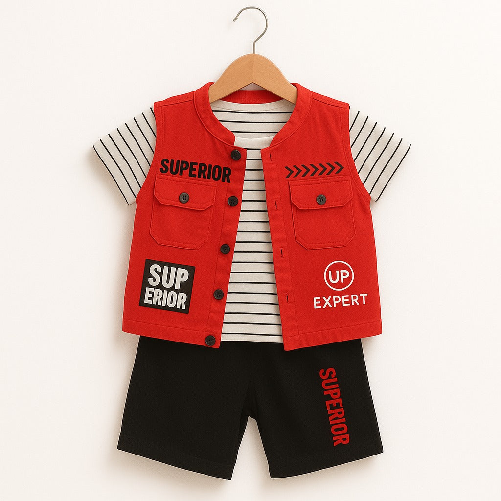 Superior Explorer Red Vest & Striped Tee Set-Red