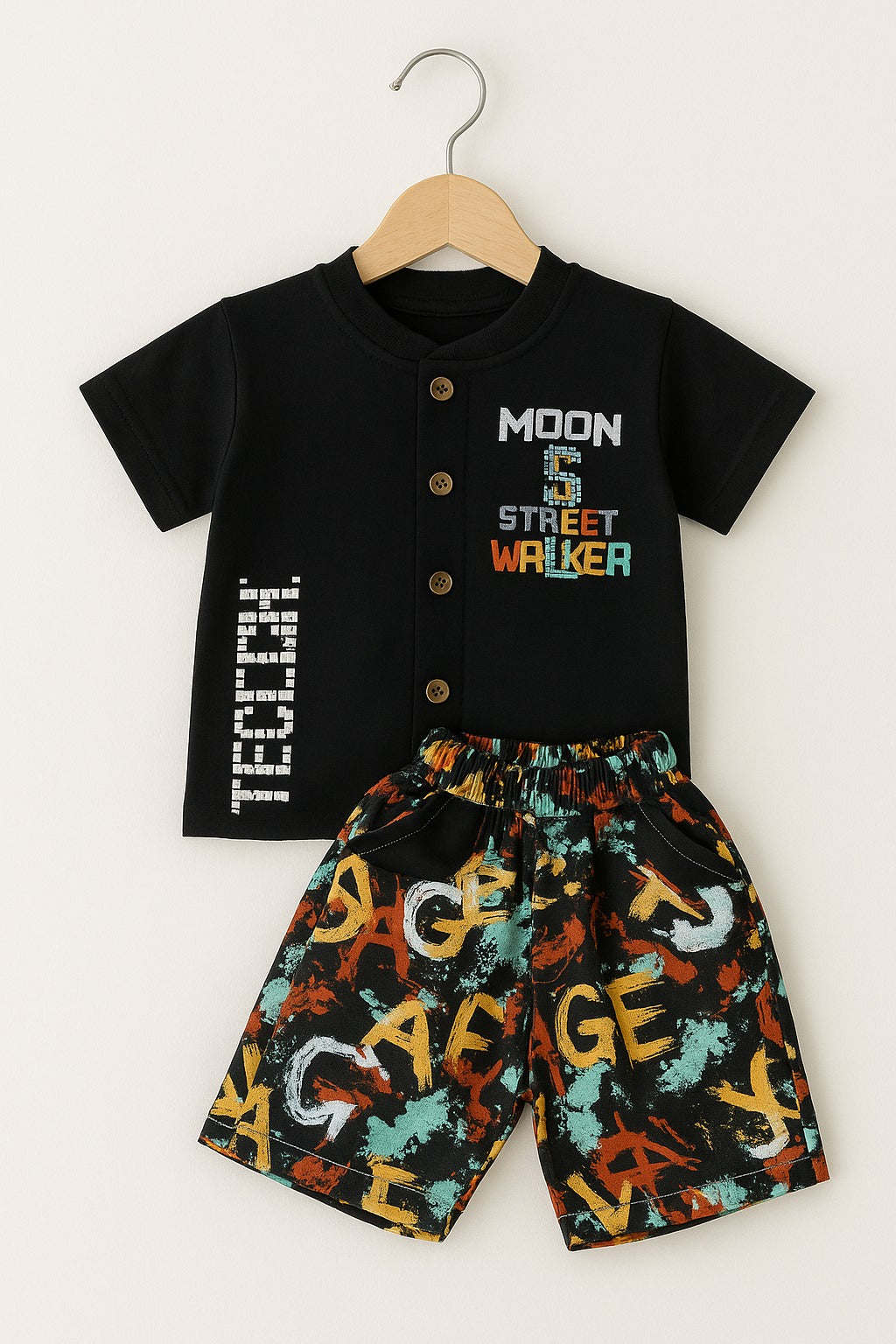 2-Piece Button-Front Tee & Printed Shorts Set-Black