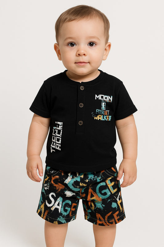 2-Piece Button-Front Tee & Printed Shorts Set-Black