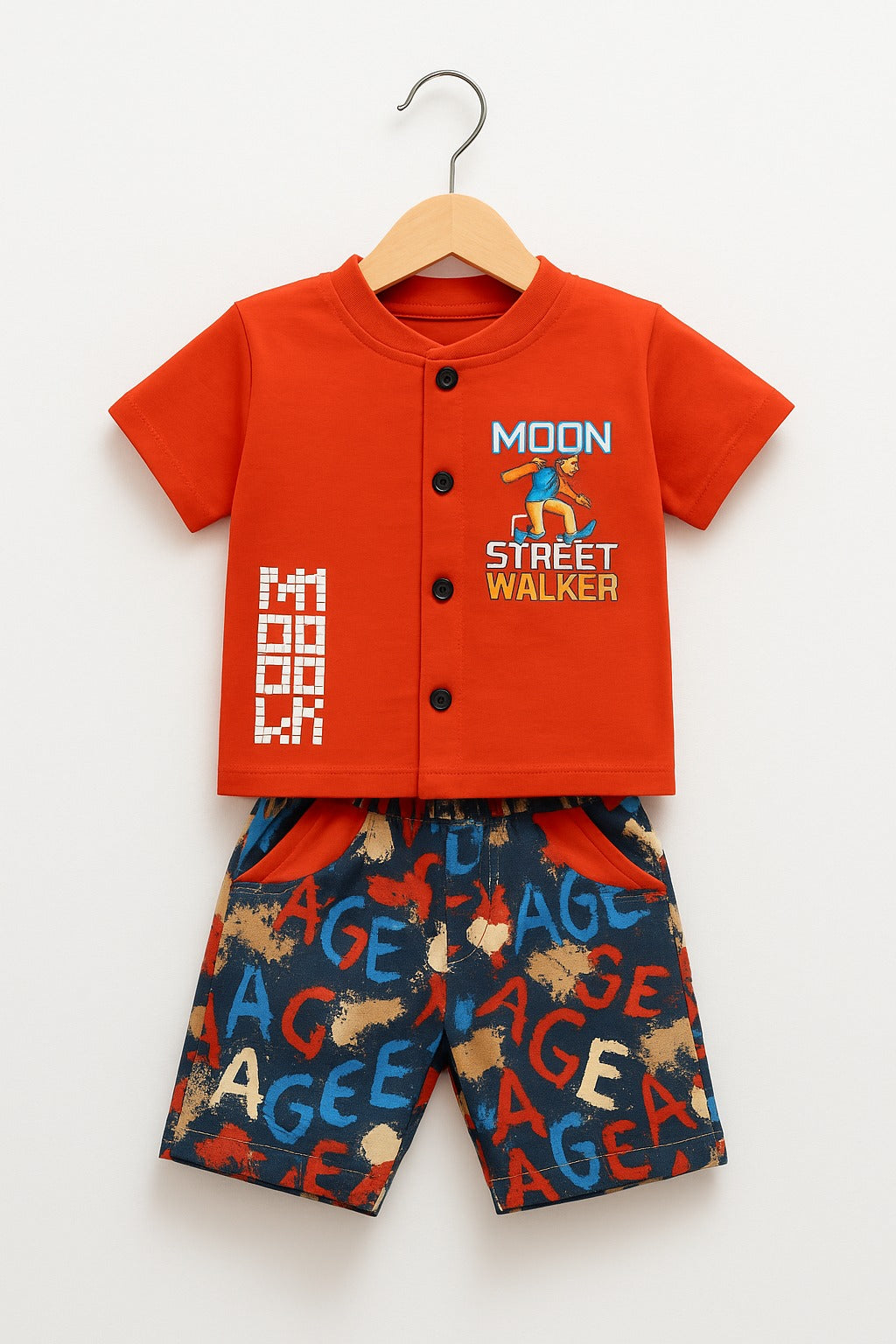 2-Piece Button-Front Tee & Printed Shorts Set-Red