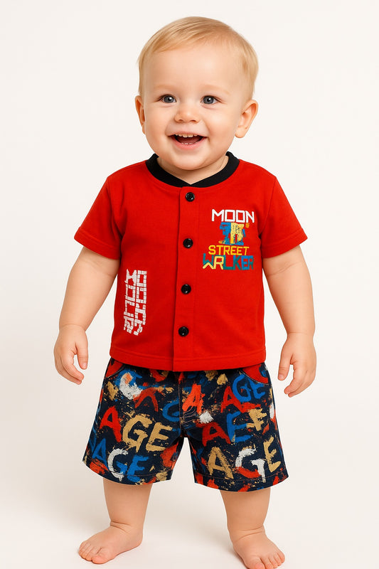 2-Piece Button-Front Tee & Printed Shorts Set-Red